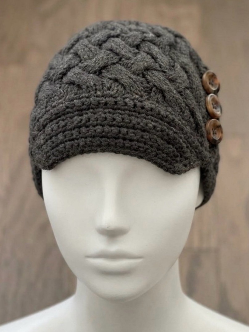 J.Crew Cable Knit Brimmed Beanie with Wood Accent Button